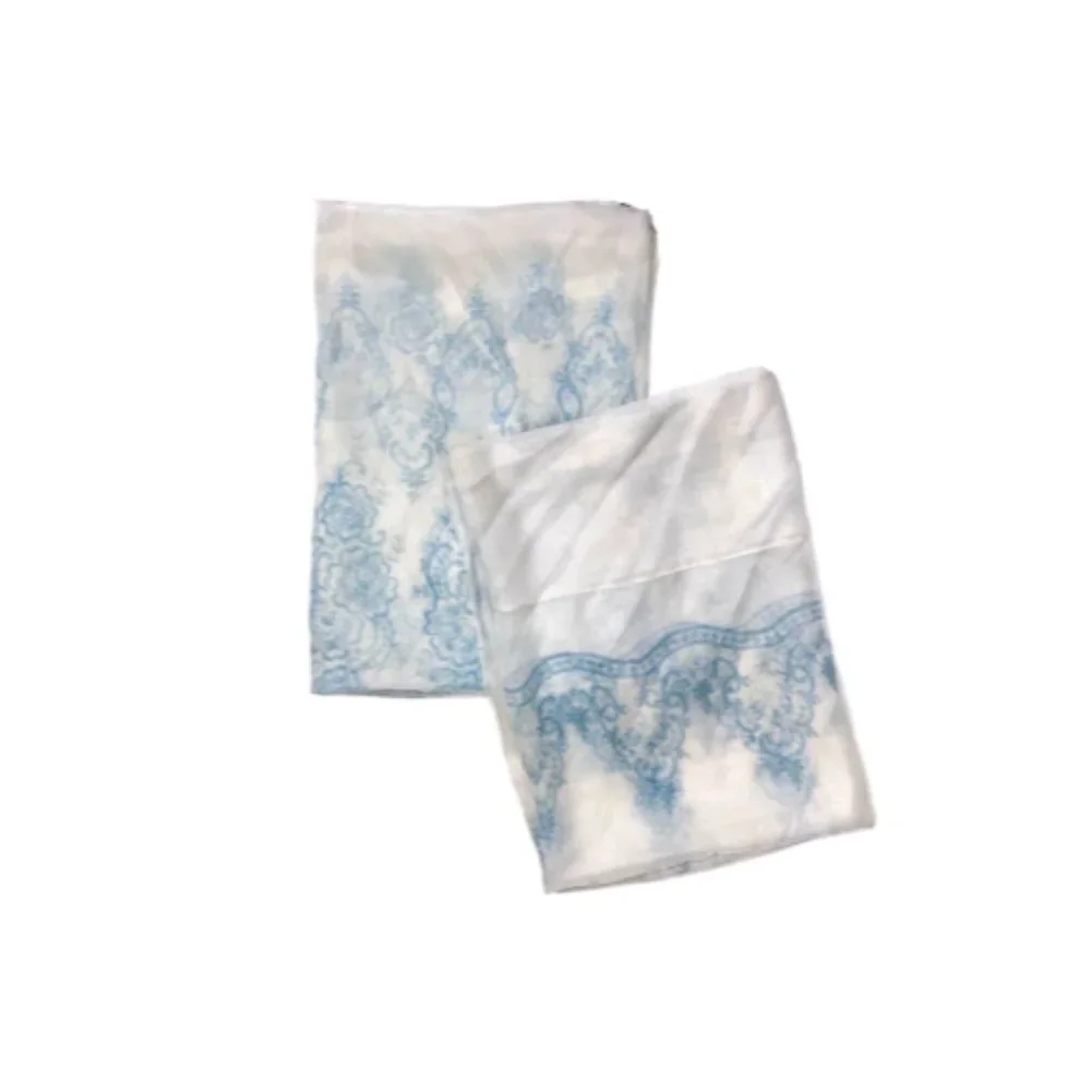 2 Vintage Sheer Blue and White Curtains Retro Pattern Print Drapes Panels Long